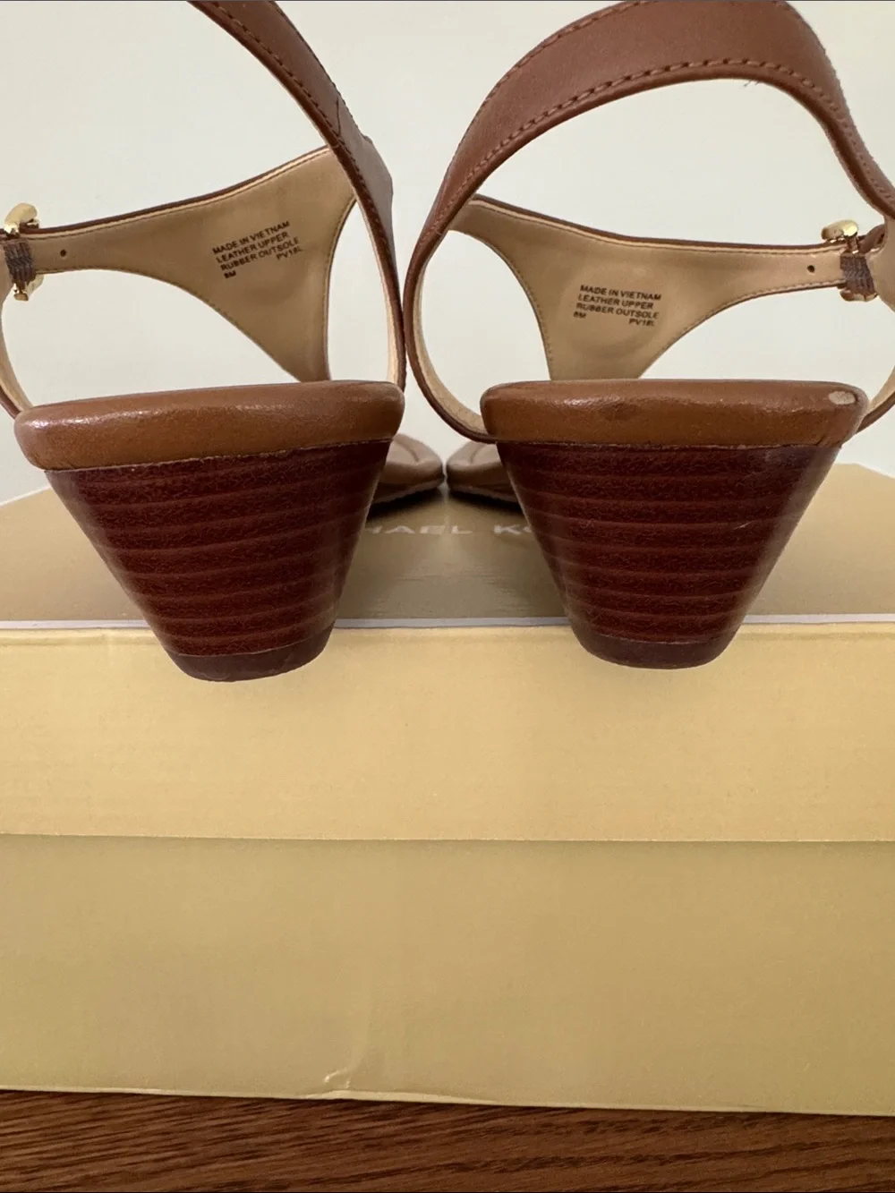Michael Kors Cognac Leather T-Strap Sandals with Gold MK Accent
